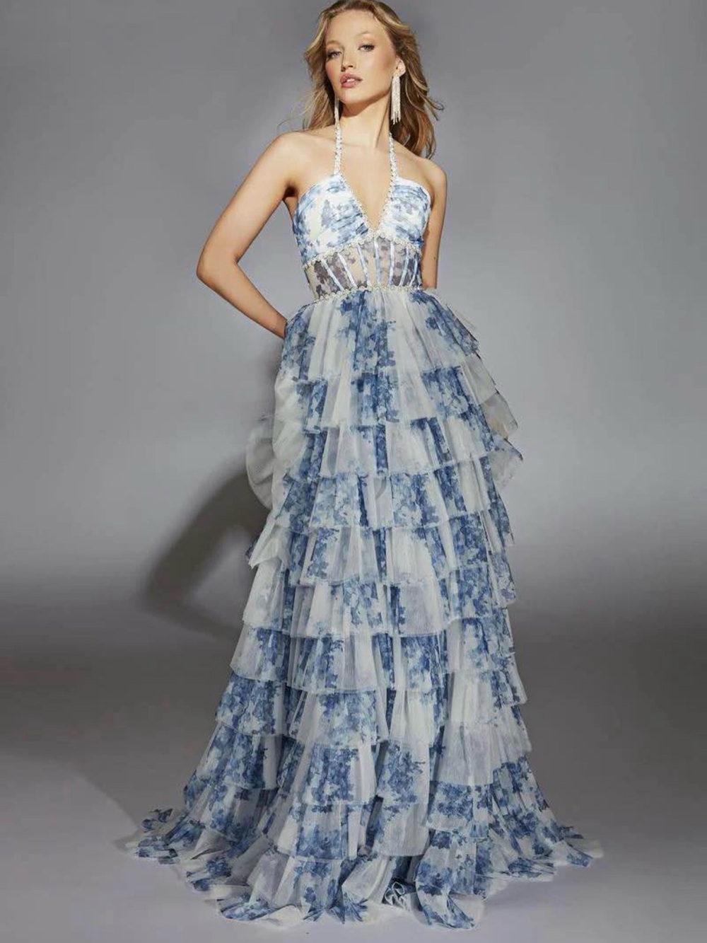 Blue Floral Halter Tiered Ruffle Prom Gown